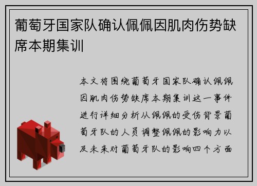 葡萄牙国家队确认佩佩因肌肉伤势缺席本期集训